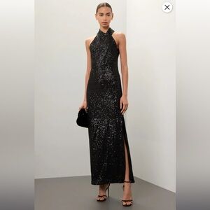 Rachel Roy Black Sequined Sleeveless Halter Harland Party Gown Dress Size XS NWT